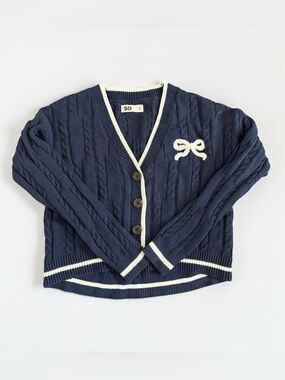 SO Navy Cable Knit Bow Cardigan Sweater Women's Medium